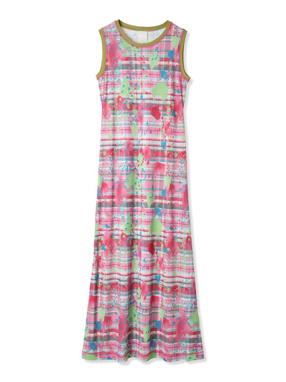 鮮豔格紋與潑墨印花無袖洋裝 Paper Jersey Sleeveless Dress