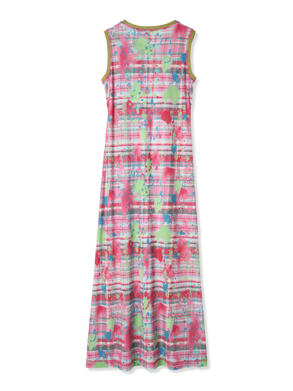 鮮豔格紋與潑墨印花無袖洋裝 Paper Jersey Sleeveless Dress