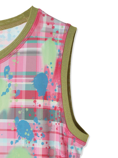 鮮豔格紋與潑墨印花無袖洋裝 Paper Jersey Sleeveless Dress